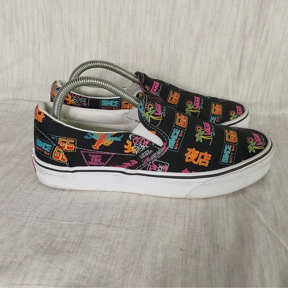 Vans Classic Slip-On Market Black Neon Signs Seafood Mens 8 Womens 9.5